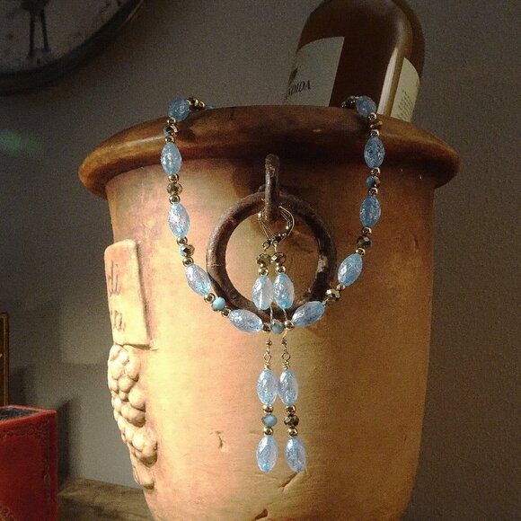 Heavenly handmade necklace/earring set in sky blue - two earring style options - Picture 1 of 11